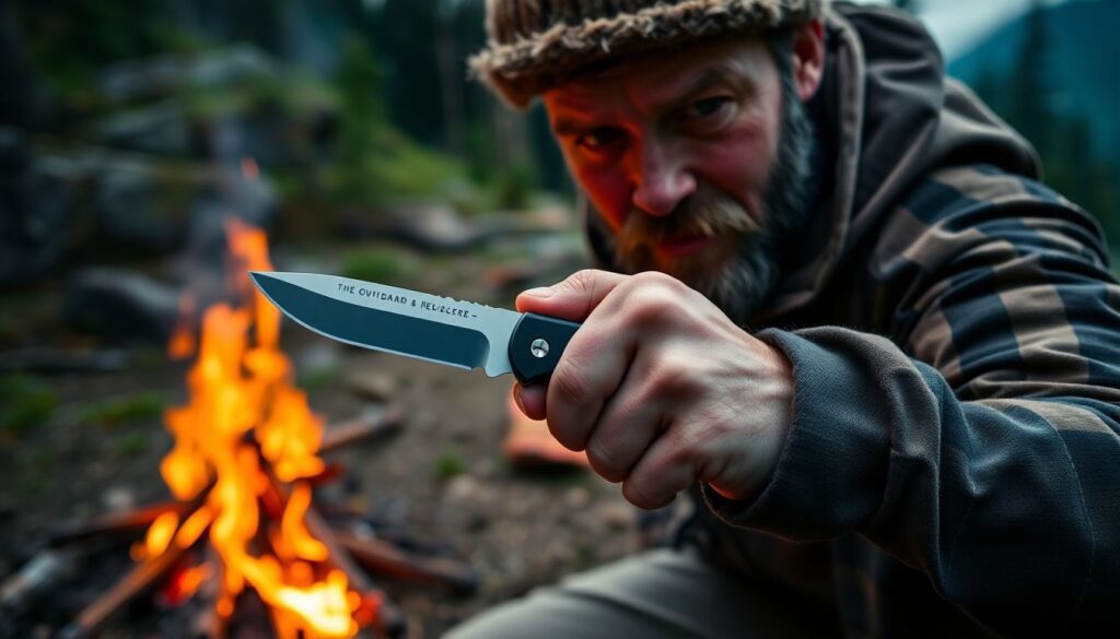 Create an image of a rugged outdoorsman holding a fixed-blade knife, with a campfire and wilderness in the background, showcasing the adventure and utility of these tools.