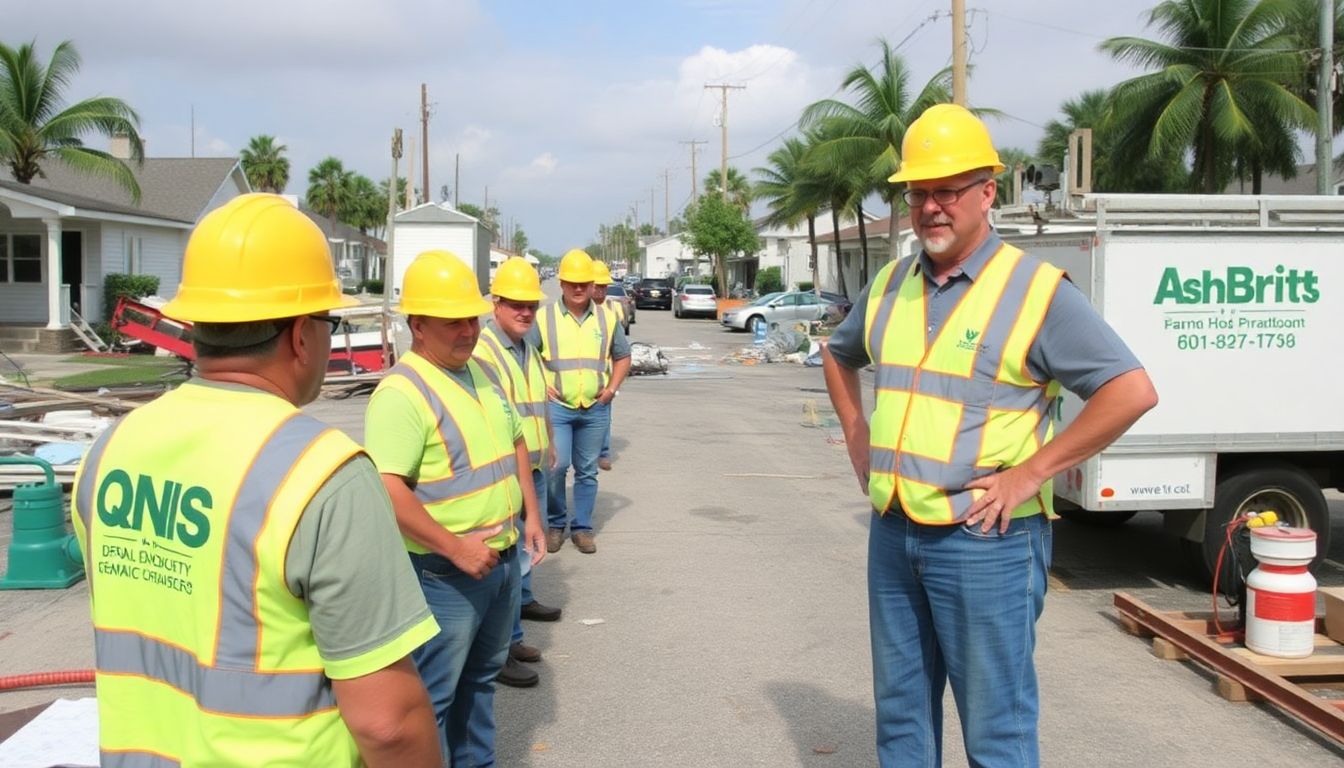 AshBritt employees working in the aftermath of a hurricane, with Randy Perkins overseeing the operations.