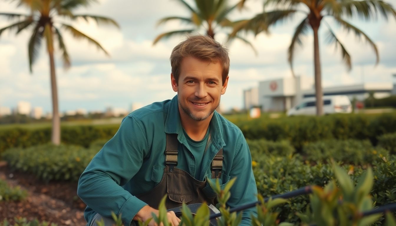 A young Randy Perkins working in landscaping, with a background of Miami, his hometown.