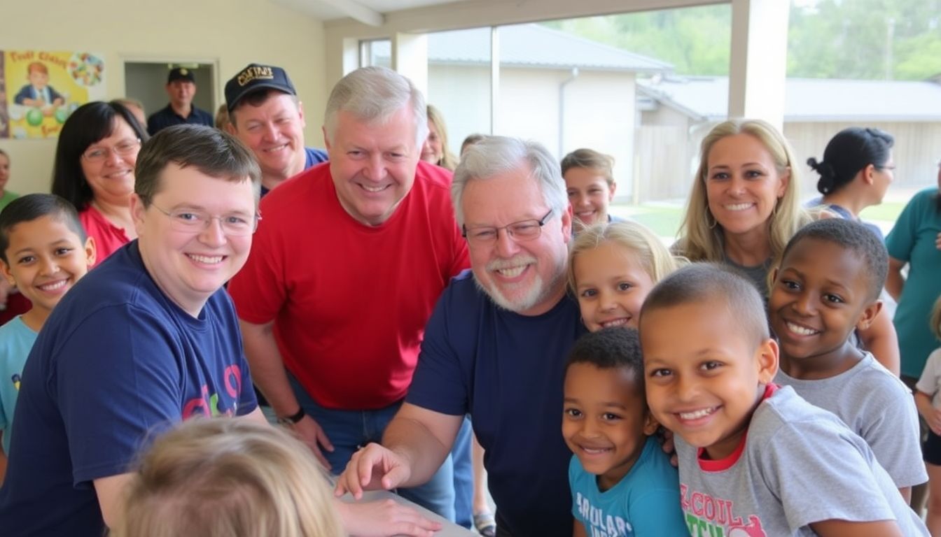 Randy Perkins participating in a charity event, surrounded by smiling children and community members.