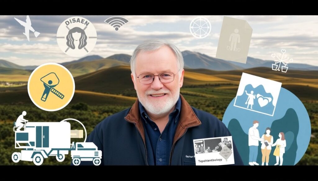 Create an image of Randy Perkins surrounded by symbols of his life's work: disaster recovery equipment, a landscape background representing his early career, and images of philanthropy and family.