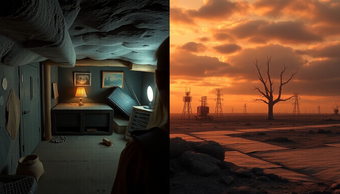 A split image showing a cozy bunker interior on one side and a stark, post-apocalyptic landscape on the other.