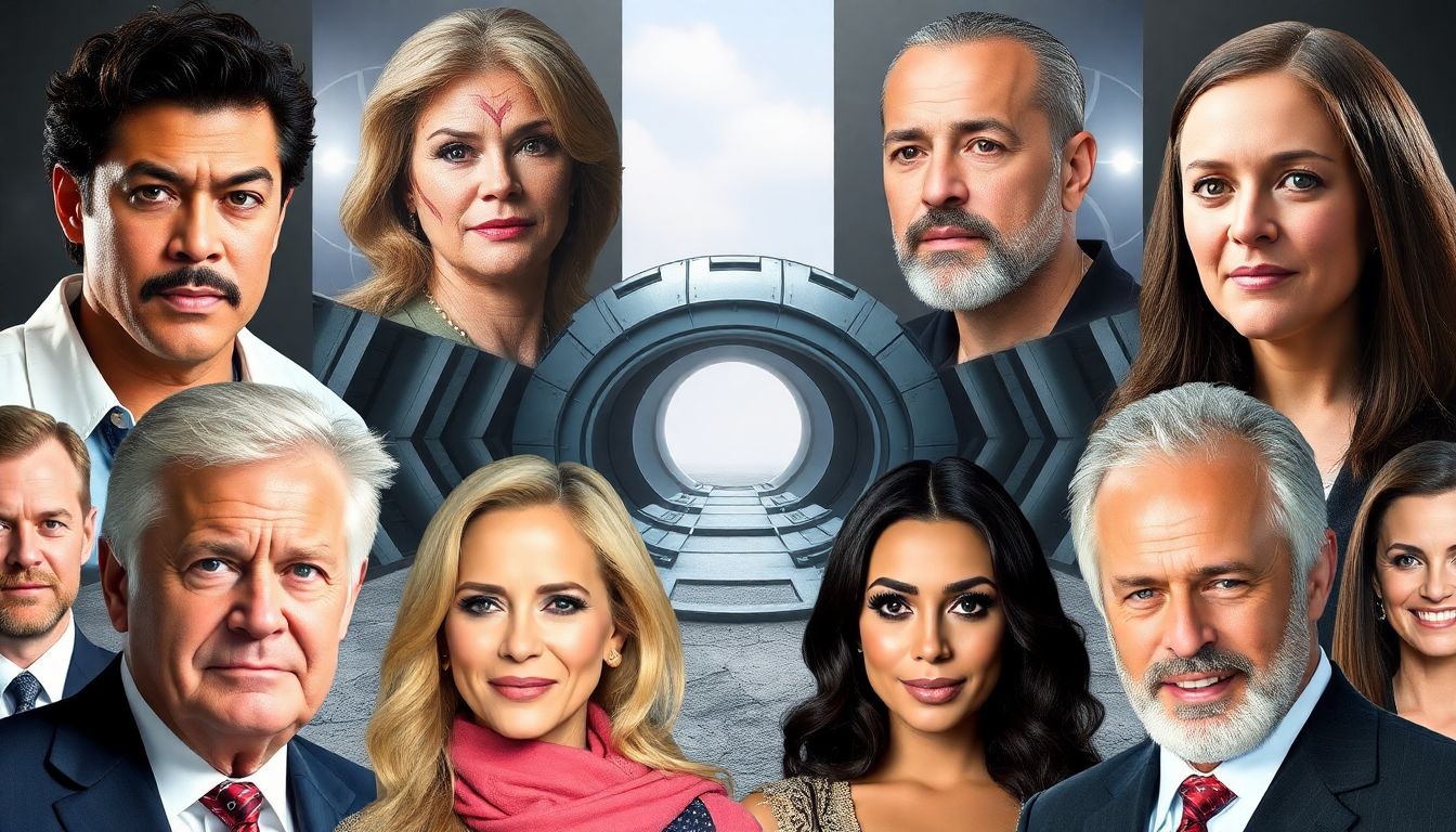 A collage of celebrities with a futuristic bunker design in the background.