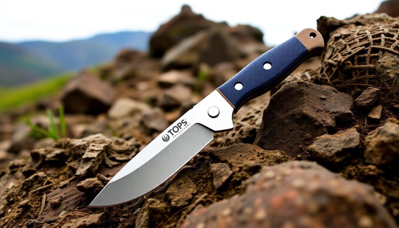 Generate an image of the TOPS Knives Wilderness Guide ‘23 in a rugged, outdoor setting, showcasing its robust design and versatility.