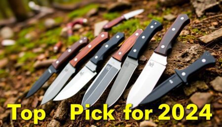 Create an engaging and informative image that showcases a variety of survival knives in a rugged outdoor setting, with a focus on the top picks for 2024.