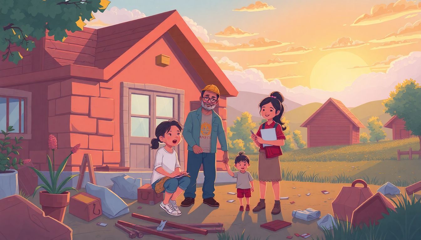 Illustrate a hopeful scene of a family rebuilding their home, with a backdrop of a bright future and a supportive community.