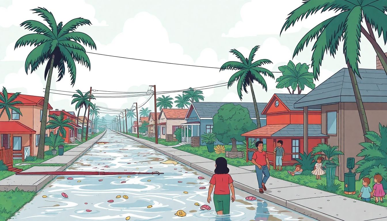 Illustrate the aftermath of Hurricane Helene, showing flooded streets, damaged homes, and community members coming together to support each other.