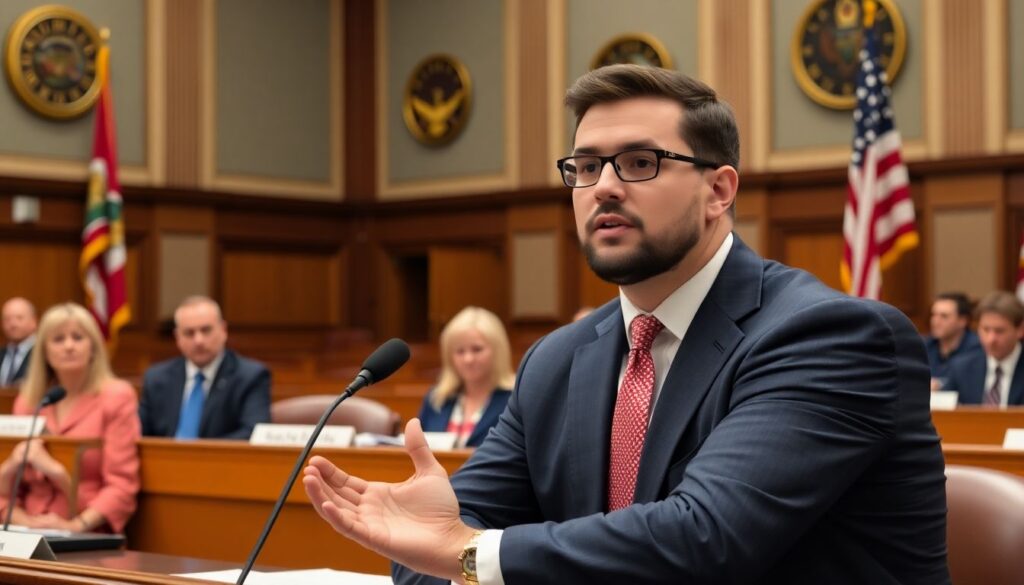 Create an image of a legislative session in progress, with State Rep. Jeremy Faison addressing his colleagues about the proposed tax break for disaster survivors. The scene should be set in a formal legislative hall with flags and official seals, depicting a mix of seriousness and hope.