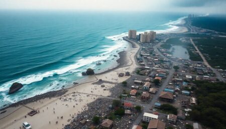 Create an image that captures the sheer scale and impact of the Indian Ocean tsunami, showing the devastation and the global response to the disaster.