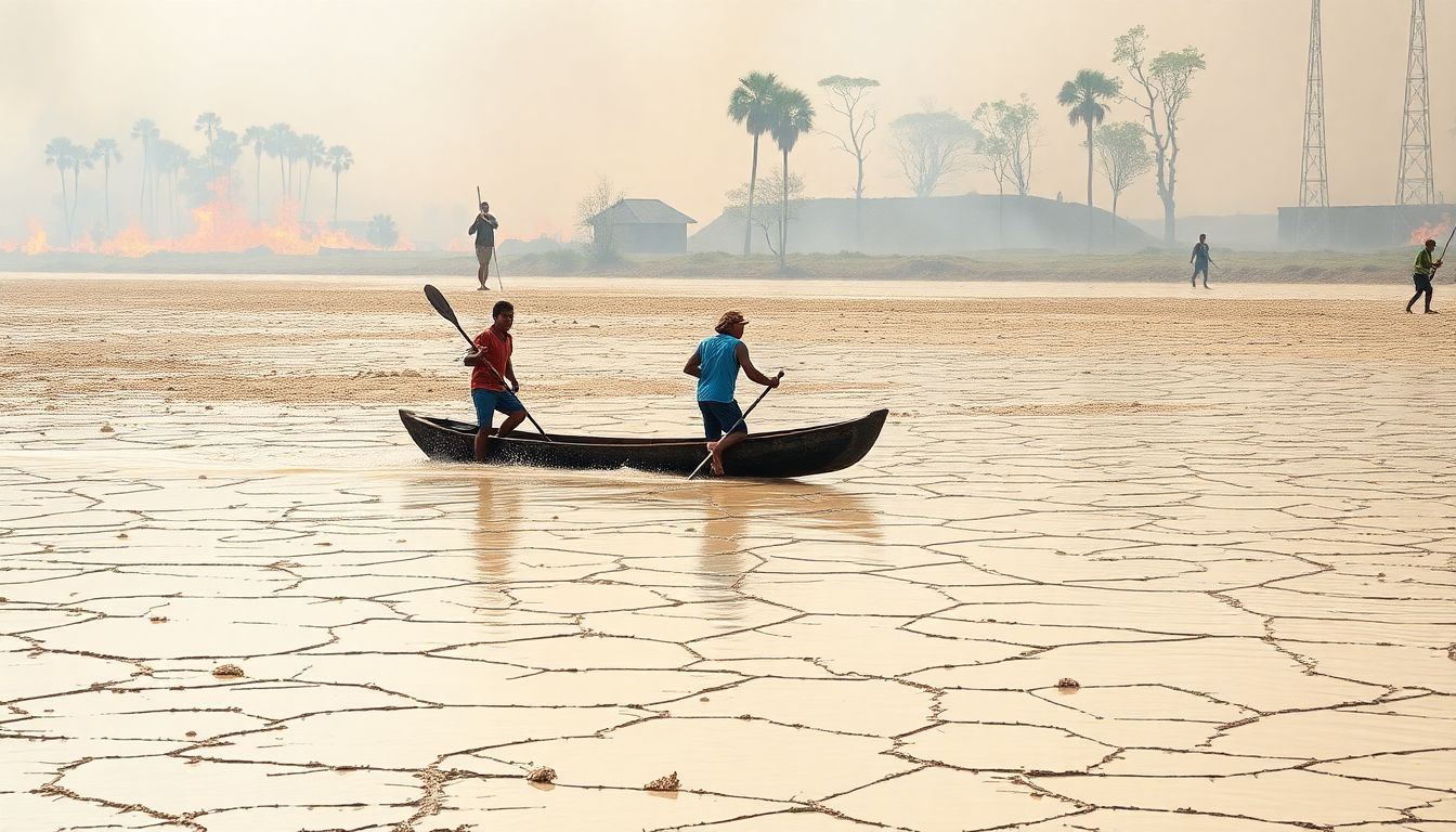 Create an image of fishermen pushing their canoe through a dried-up riverbed in Brazil, with a backdrop of smoky wildfires.