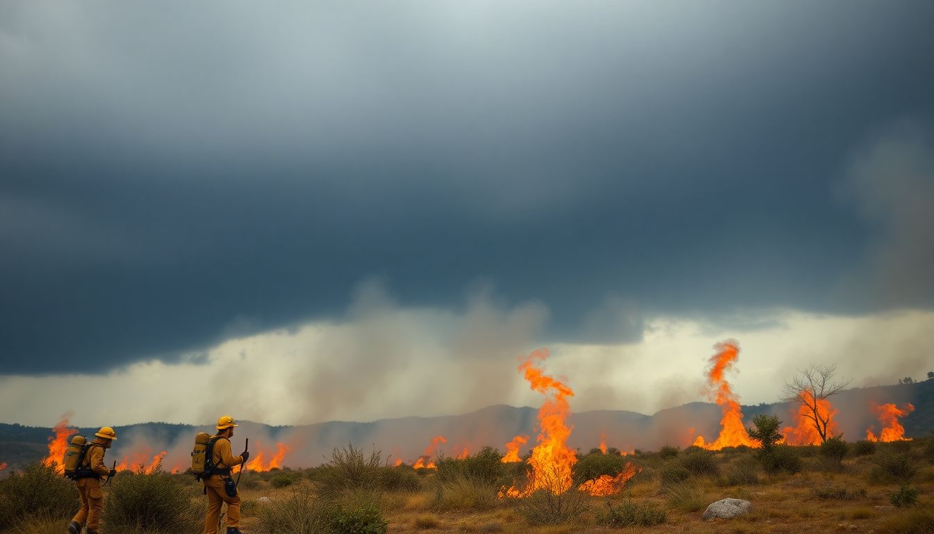 Generate an image of firefighters battling wildfires in Portugal, with a backdrop of dark storm clouds bringing heavy rain.