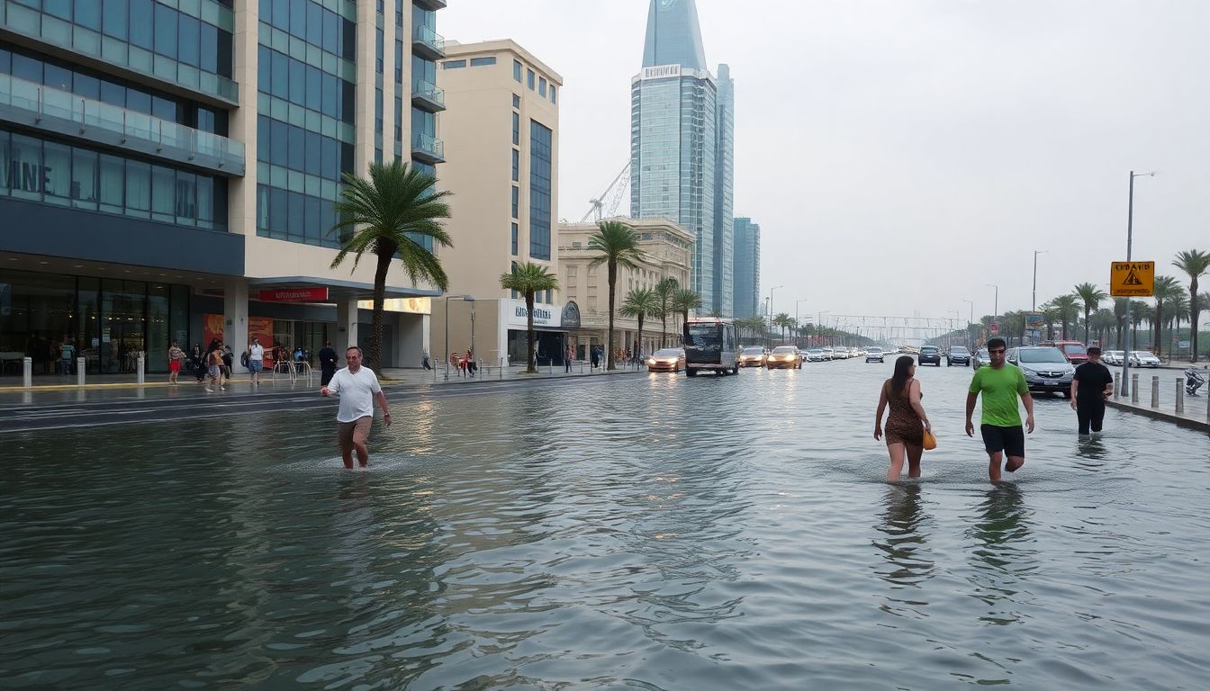 Create an image of a flooded street in Dubai, with people wading through knee-deep water and grounded flights at the international airport.