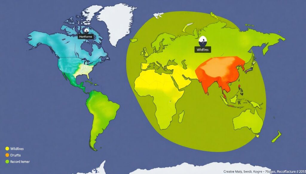 Create an image of a global map with icons representing different extreme weather events such as hurricanes, wildfires, droughts, and record temperatures, highlighting the most affected regions.