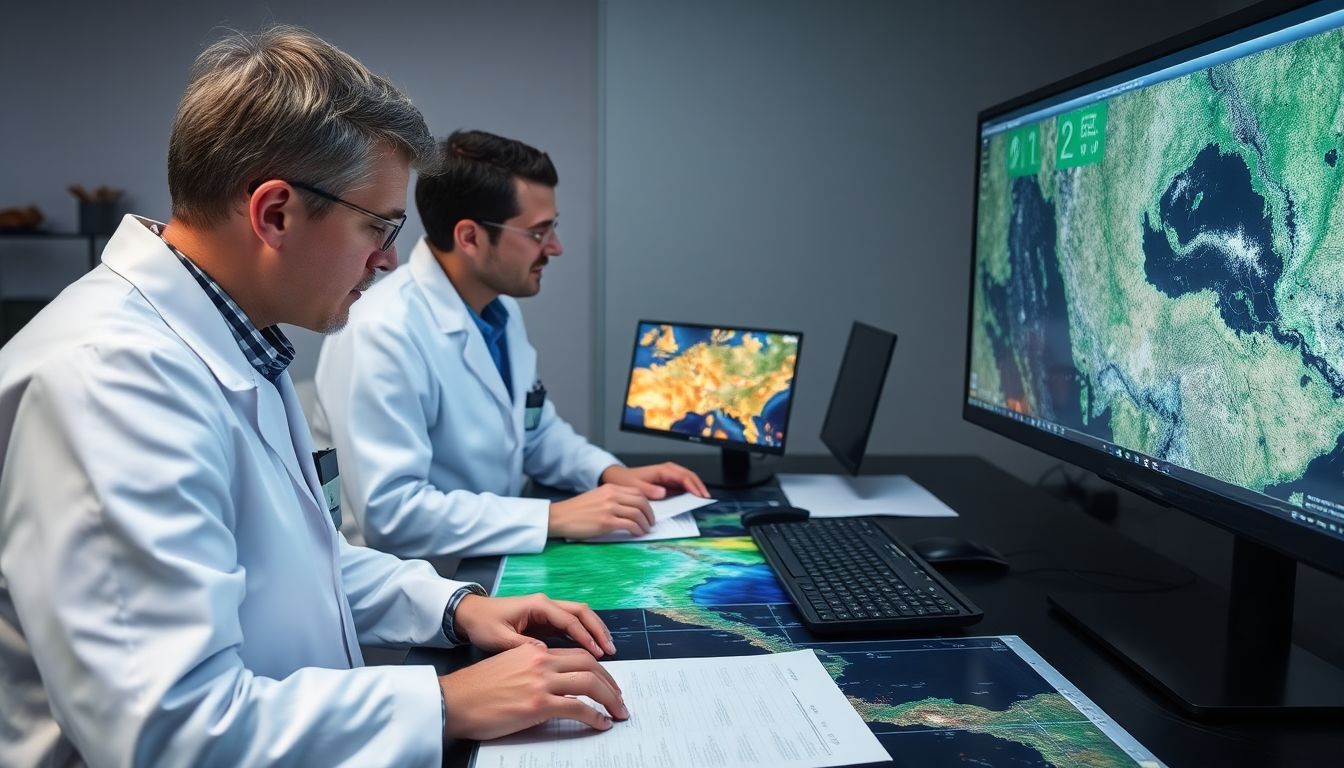 Create an image of scientists analyzing satellite imagery and digital surface models to study the flood's impact.