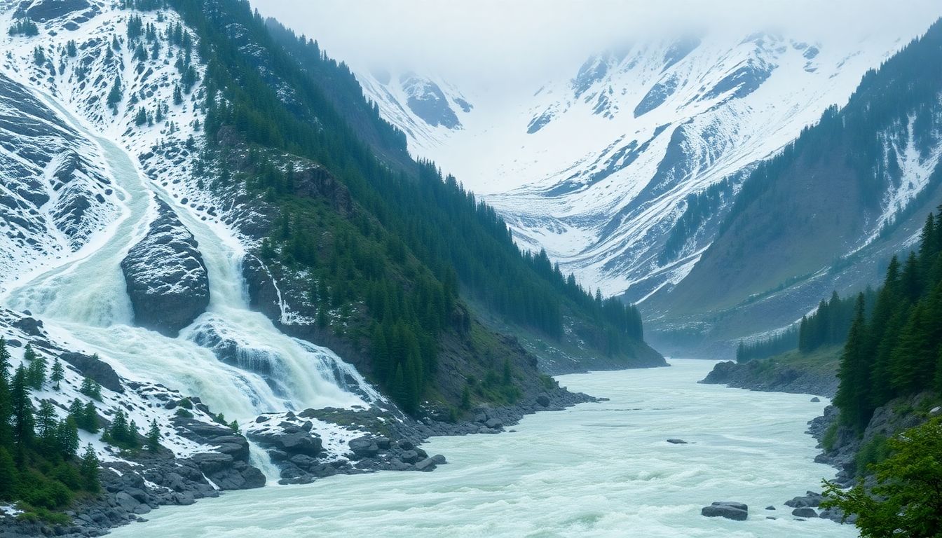 Generate an image of heavy monsoon rains and snowmelt contributing to a massive flood in a valley.