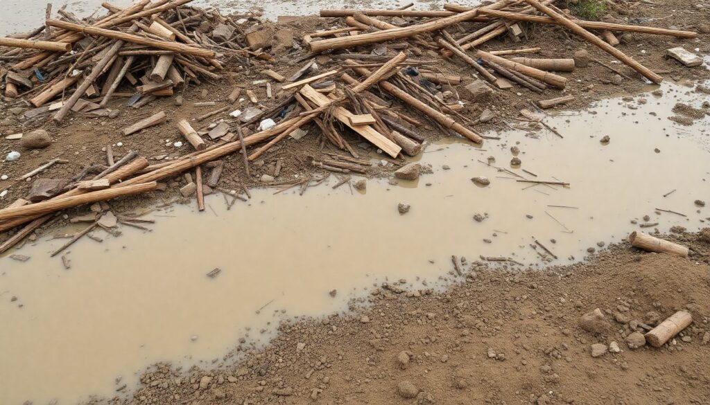 Create an image of a flooded landscape in Nepal with debris and mud, highlighting the devastation caused by the 2021 Melamchi Valley flood.