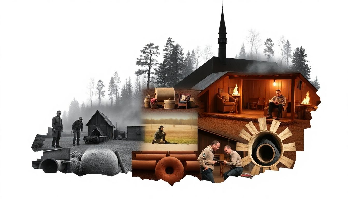 Create an image collage featuring historical moments of prepping, such as scouting activities, homesteading, and cold war bunkers.