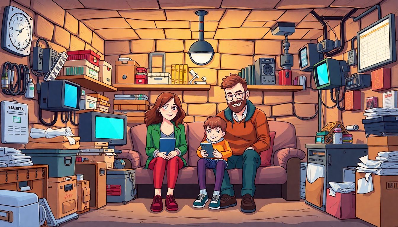 Illustrate a modern family in their well-stocked bunker, surrounded by emergency supplies and high-tech security systems.