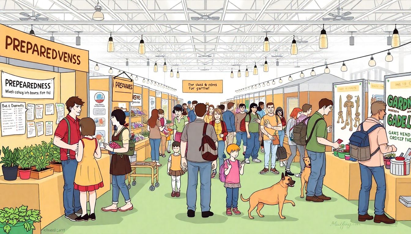 Illustrate a bustling preparedness expo with families interacting with various booths, including gardening supplies, guard dogs, and survival gear.