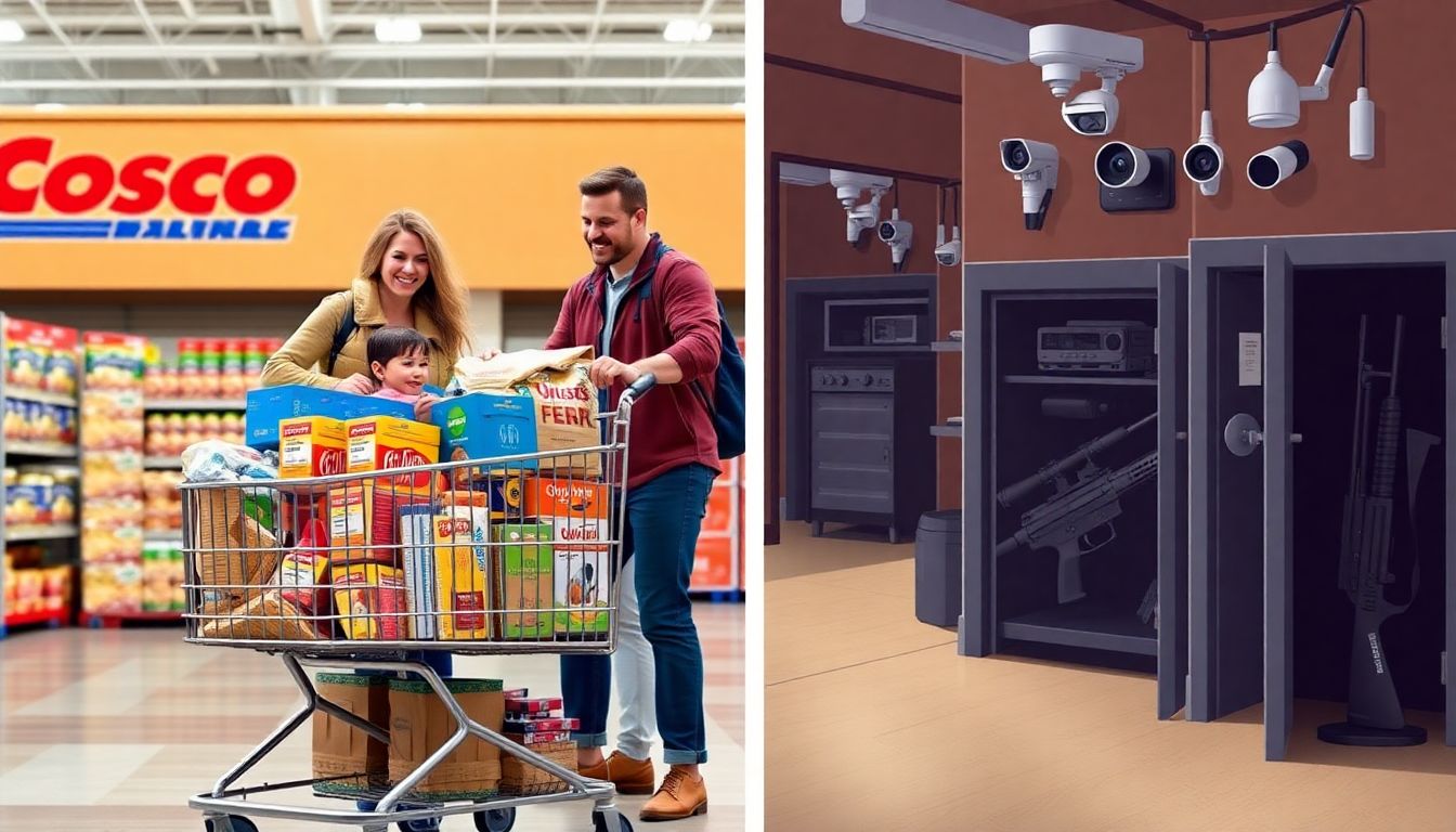 Depict a family shopping at Costco, with a cart filled with emergency rations and other supplies, and a home equipped with security cameras and a gun safe.