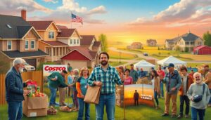 Create an image depicting a diverse range of Americans engaged in various prepping activities, from stocking up at Costco to attending a preparedness expo, with a backdrop of suburban homes and rural landscapes.