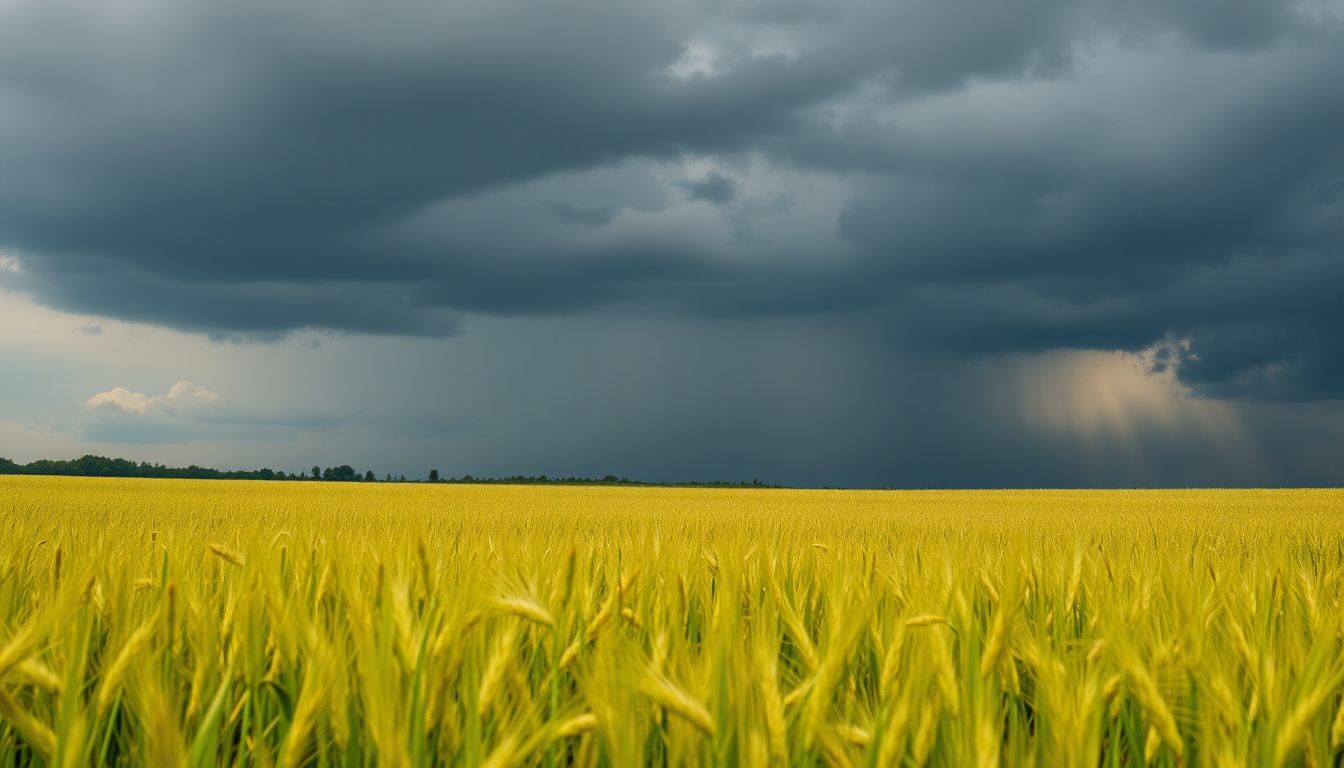 Generate an image of a wheat field with a mix of green and golden hues, with dark rain clouds gathering in the sky.