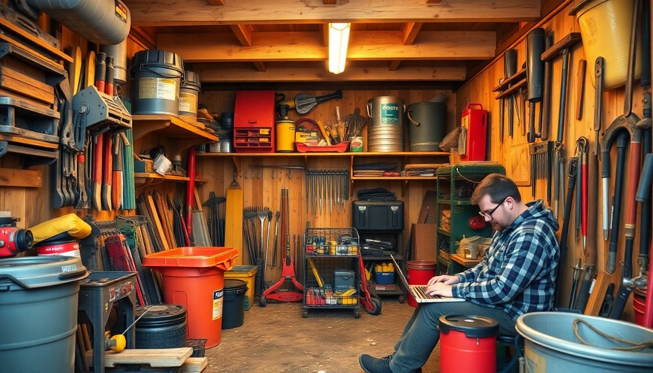 Generate an image of a farm shed filled with organized tools and equipment, with Lance working on his laptop nearby.