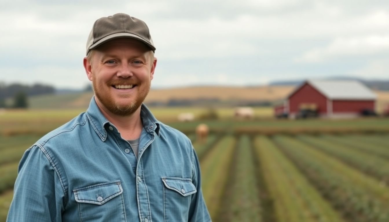 Create a portrait of Lance Muirhead standing in his farm field, with a warm smile and a backdrop of his farmland.