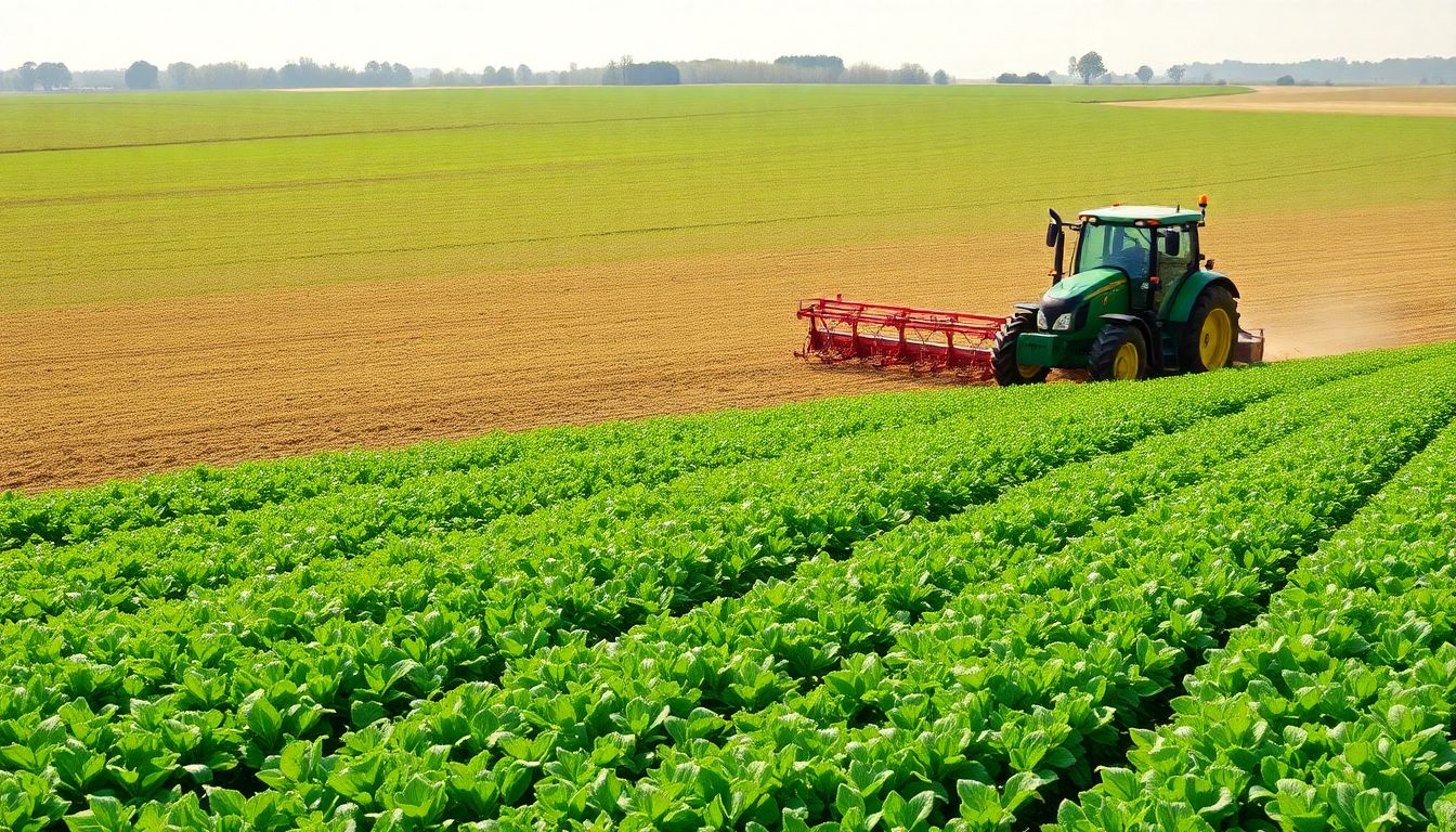 Create an image of a lush field of cover crops with a tractor performing strip tillage in the background.