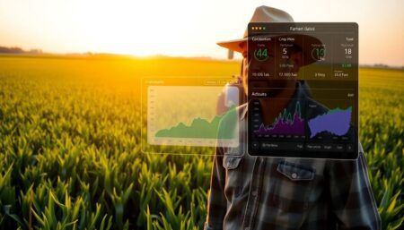 Generate an image of a farmer in a vast green field, with a tractor in the background, and a futuristic digital interface displaying crop data in the foreground.