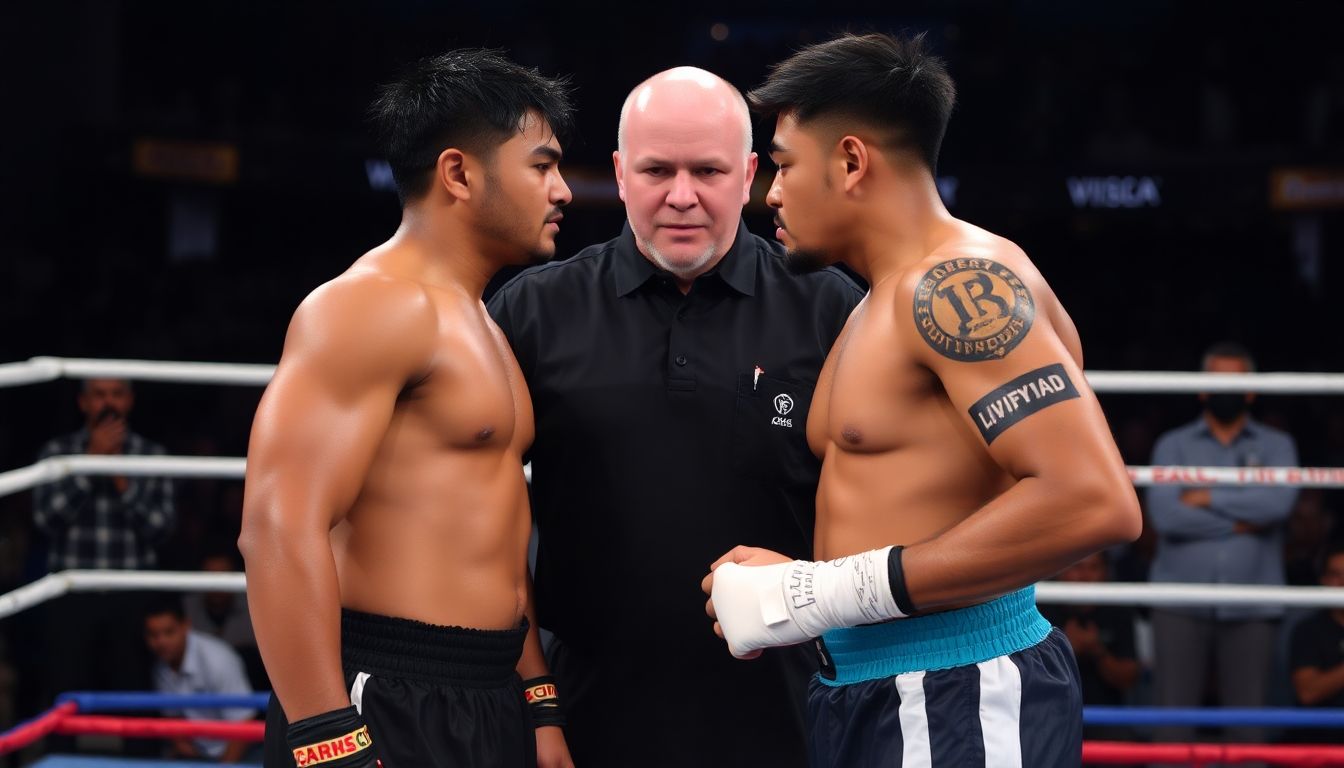 A tense standoff between Rukiya Anpo and Sina Karimian in the ring, with the referee standing between them.