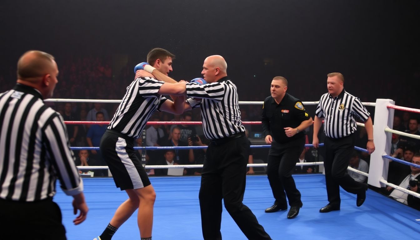 The referee being hit by both fighters, with security personnel rushing into the ring.