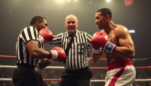 An action-packed boxing match turns chaotic as the referee becomes an unwilling participant, highlighting the unpredictable nature of the sport.