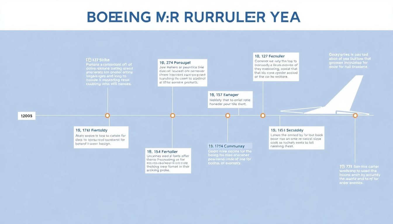 Generate a timeline infographic highlighting key events in Boeing's troubled year, including the strike, the door plug incident, and the stock price decline.