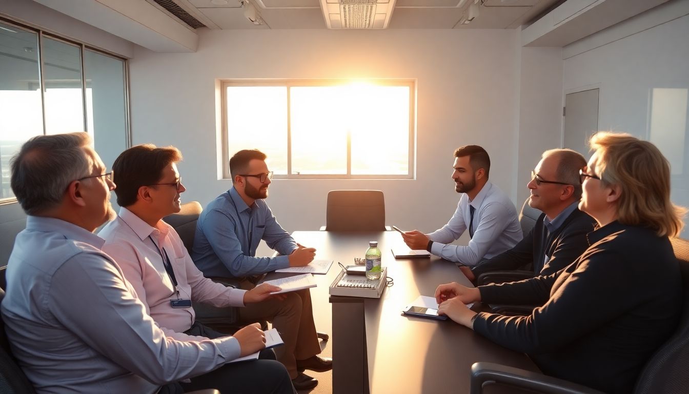 Generate an image of Boeing employees in a meeting, discussing safety improvements, with a hopeful sunlight coming through the windows.