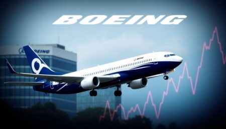 Generate an image of a Boeing 737-800 plane in distress against a backdrop of Boeing's headquarters and a stock market graph showing a decline.