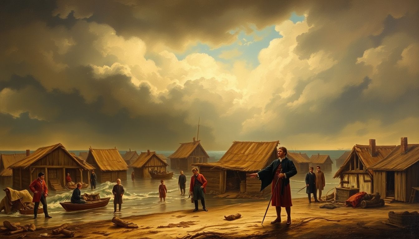 A historical painting depicting the harsh weather conditions and societal impacts of the climate disaster.