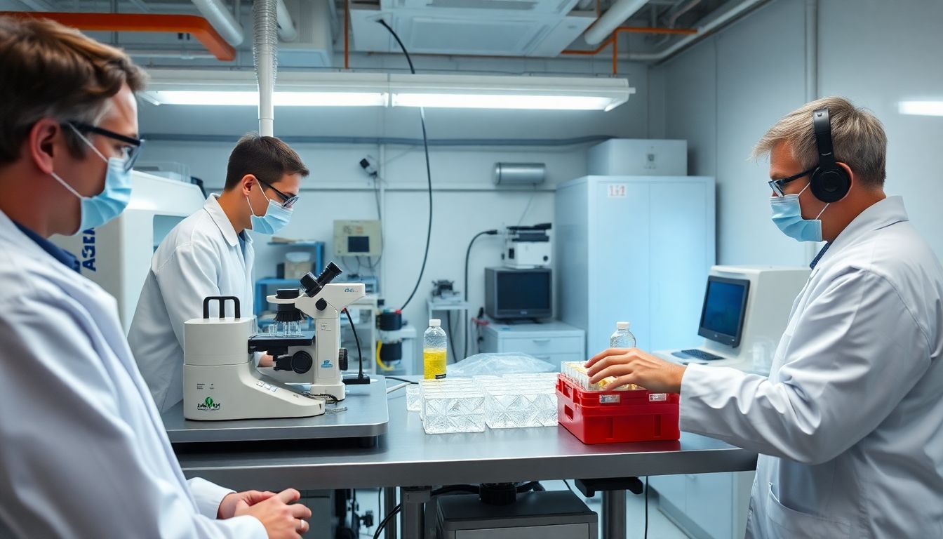 A laboratory setting with scientists using advanced equipment to study ice core samples.