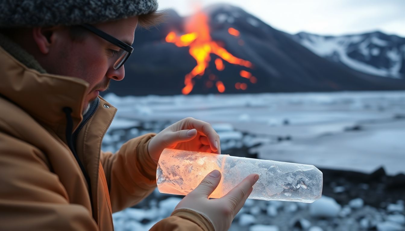 A scientist examining an ice core sample, with a backdrop of a volcanic eruption.