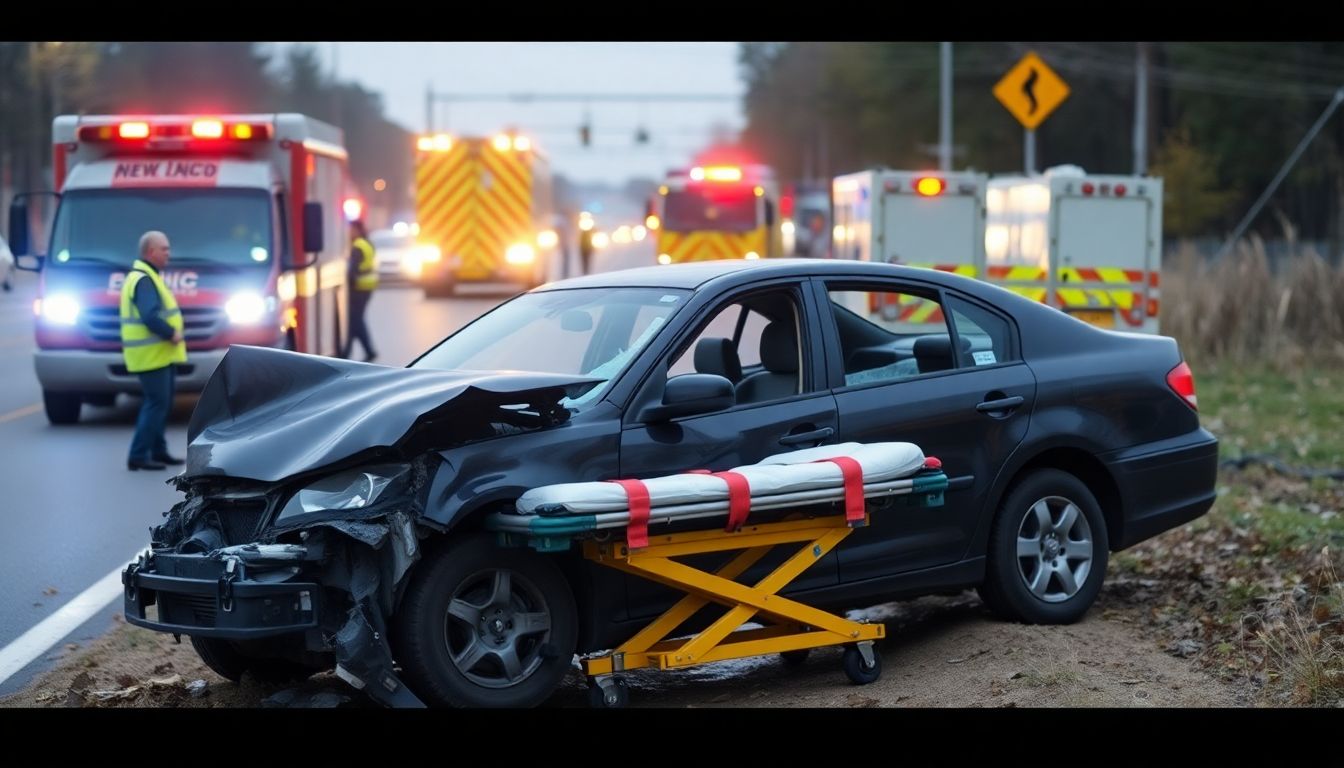 A crumpled car on the side of the road, with emergency vehicles and personnel surrounding it. A hint of hope should be visible, such as a stretcher ready to transport the teacher to safety.