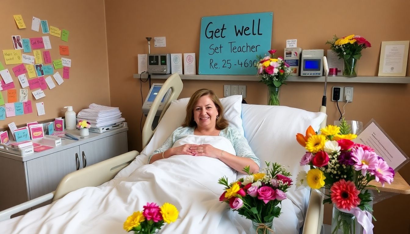 A hospital room filled with get-well cards and flowers. The teacher is in her bed, surrounded by caring medical staff and loved ones, with a prominent sign displaying her recovery progress.