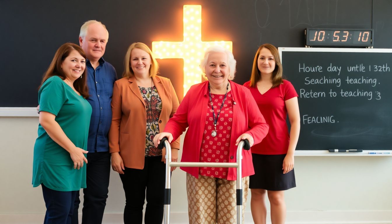 The teacher, now standing with the help of a walker, surrounded by her loving care team. Behind them, a glowing cross or other symbol of faith, and a blackboard counting down the days until her return to teaching.