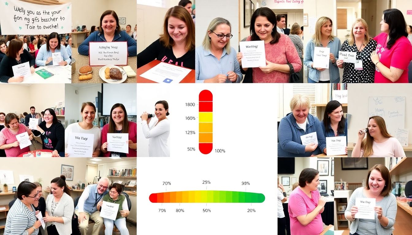 A collage of fundraising events, well-wishes on social media, and heartfelt moments between the teacher and her supporters. Include a progress thermometer showing the fundraising goal being reached.