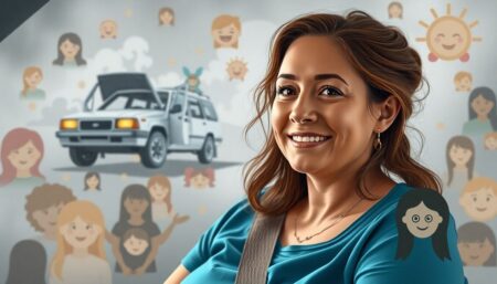 A seriously injured teacher, a devastating car crash, and a community rallying behind her. Create an emotional and uplifting image showcasing the teacher's journey, with supportive faces and healing symbols surrounding her.