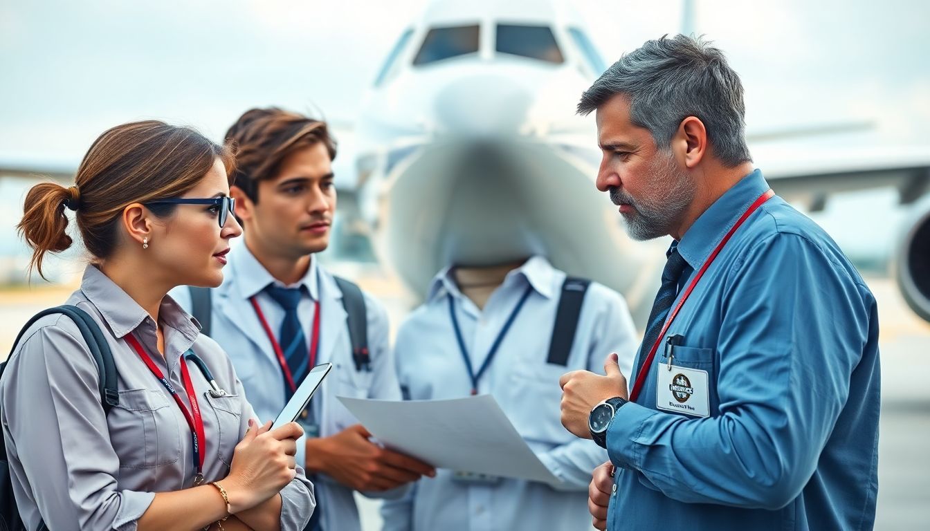 Create an image of aviation experts discussing safety measures with a backdrop of an airplane.