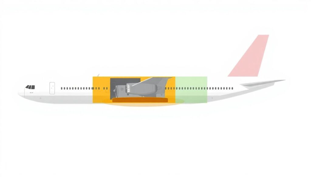 Generate an illustration of an airplane with highlighted sections indicating the tail end, middle, and front, with icons showing potential survival rates in each area.