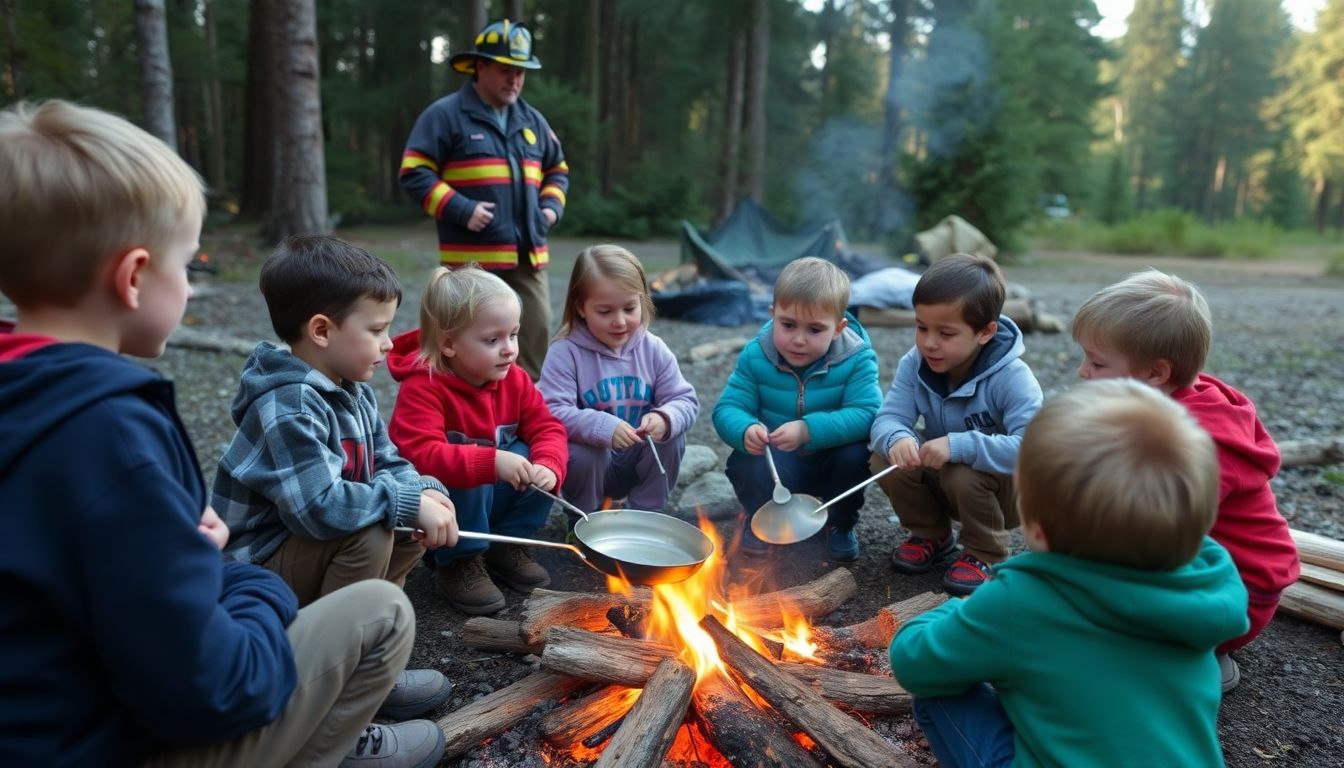 Show children learning to cook over a campfire, with a firefighter demonstrating safety techniques in the background.
