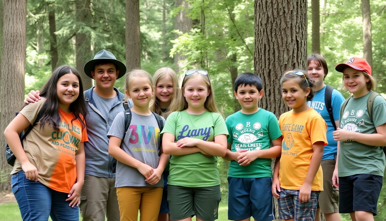 Depict a group of former campers, now grown up, volunteering and teaching the next generation of Hood Camp participants.