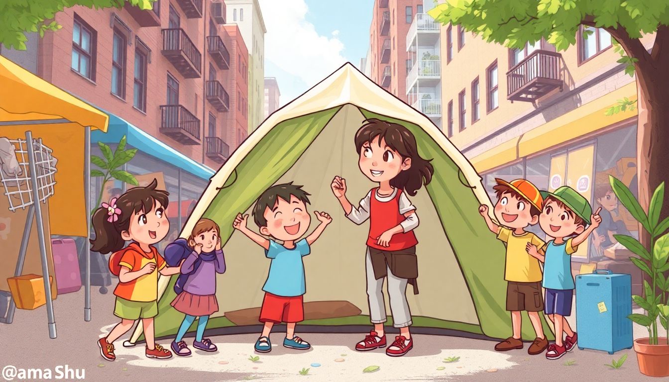 Illustrate Mama Shu leading a group of enthusiastic children in setting up a tent in a lively urban setting.