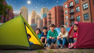 Create an engaging image of a diverse group of children setting up tents and learning survival skills in an urban neighborhood, with a backdrop of city buildings and stars shining brightly above.